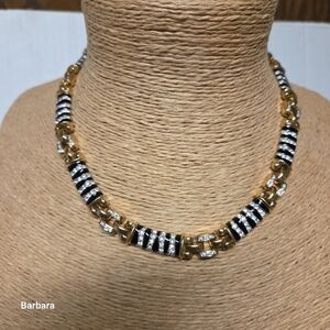 Vintage 90s Cabouchon Gold, Crystal & Black Enamel Zebra Link Choker Necklace